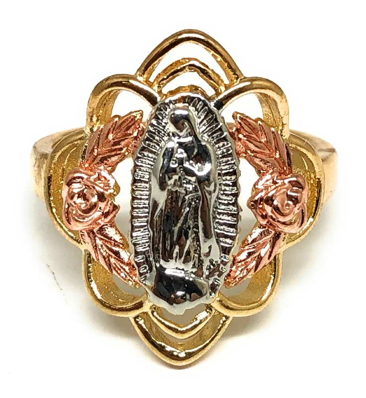 luxury sapphire engagement ring -Gold Plated Tri-Color Virgin Mary Flower Ring Virgen Guadalupe Anillo