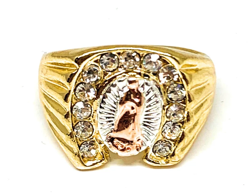 opal and silver ring -Gold Plated Tri-Color Virgin Mary Horseshoe CZ Ring Virgen De Guadalupe Anillo