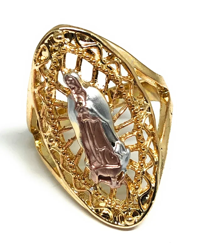 simple gold band ring -Gold Plated Tri-Color Virgin Mary Oval Ring Virgen Guadalupe Anillo