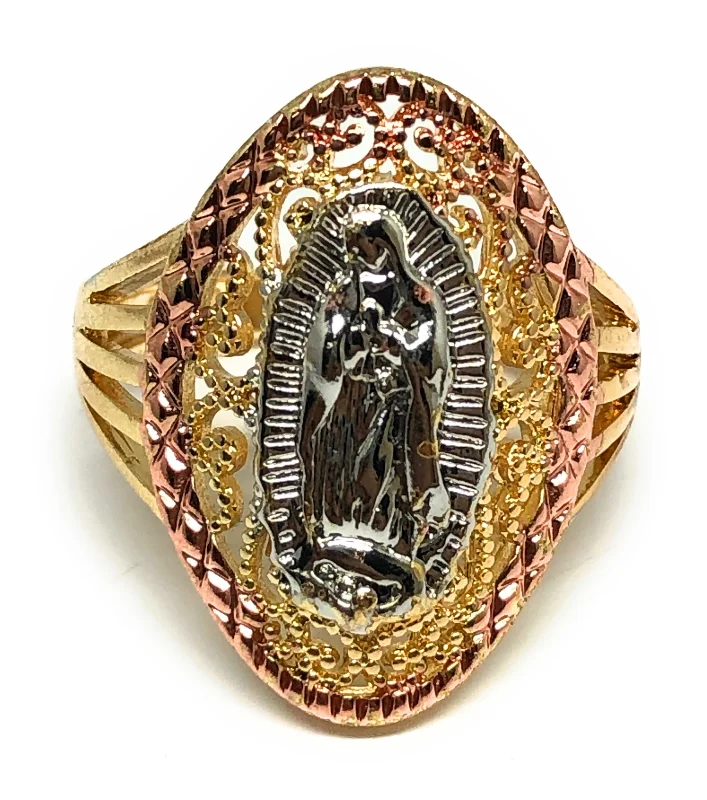 custom engraved wedding band -Gold Plated Tri-Color Virgin Mary Oval Ring Virgen Guadalupe Anillo