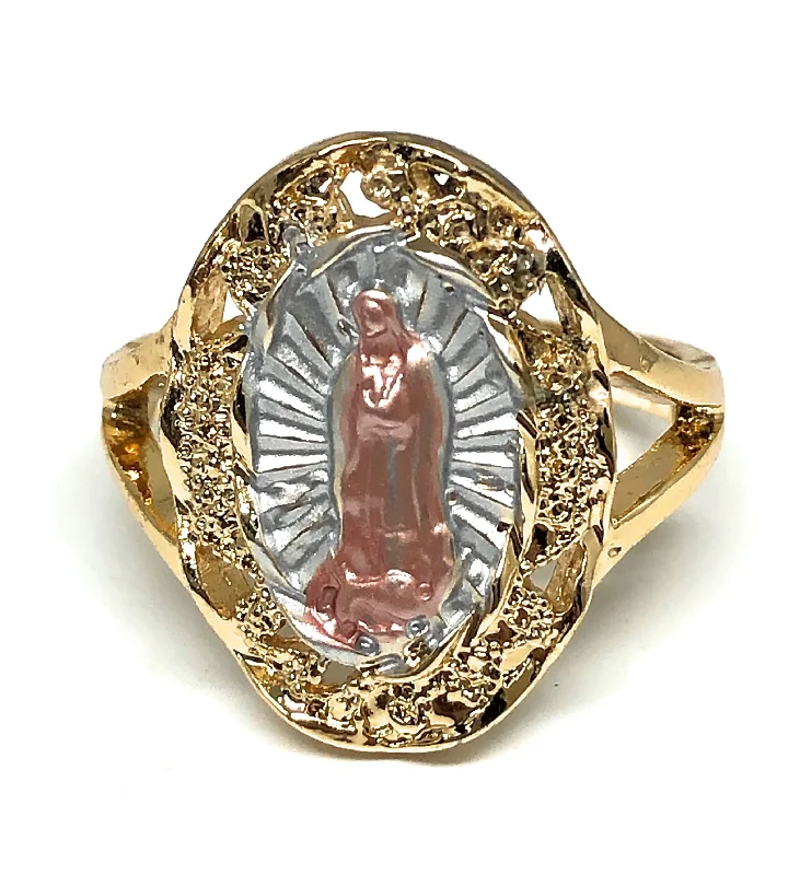 sapphire gemstone ring -Gold Plated Tri-Color Virgin Mary Oval Ring Virgen Guadalupe Anillo