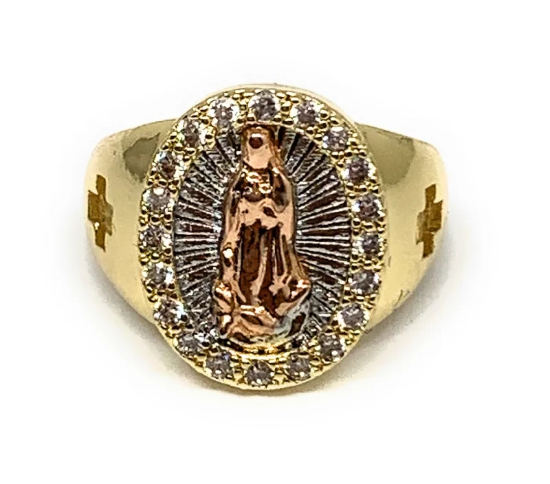 silver and gold stacking rings -Gold Plated Tri-Color Virgin Mary Round CZ Ring Virgen De Guadalupe Anillo