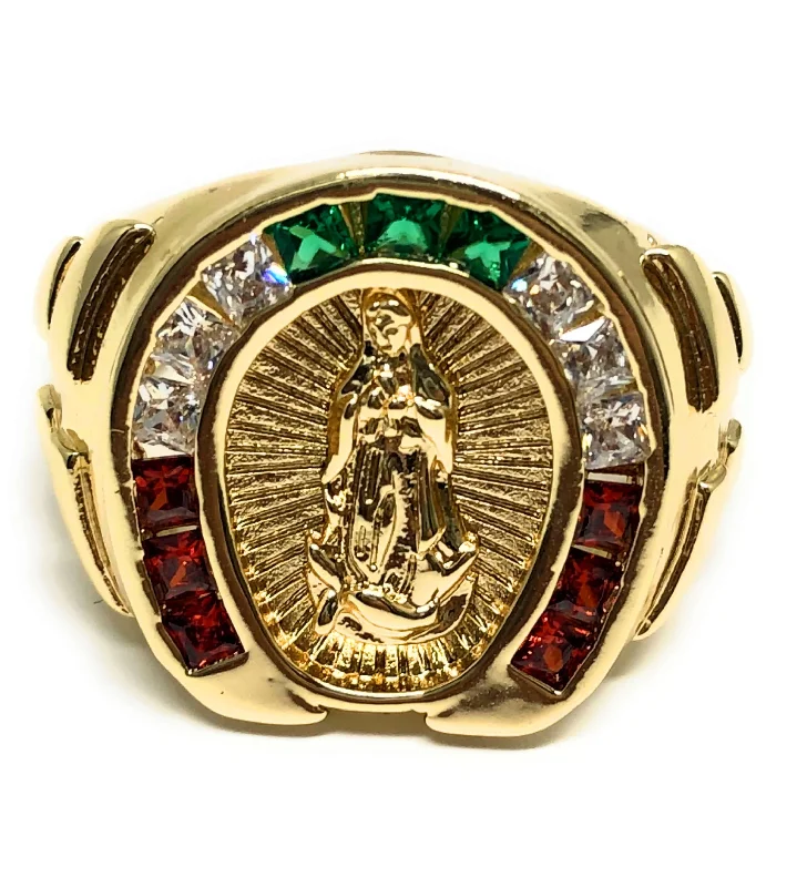 vintage-inspired gemstone ring -Gold Plated Virgin Mary Color Stone Ring Virgen De Guadalupe Anillo