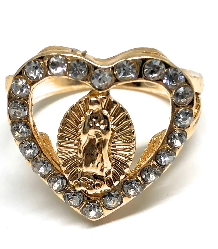 men’s skull ring -Gold Plated Virgin Mary Heart White Stone  Ring Virgen De Guadalupe Anillo Corazón