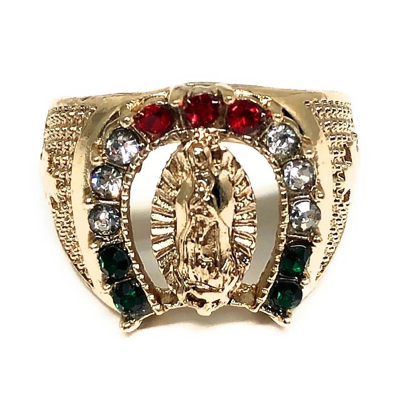 personalized birthstone ring -Gold Plated Virgin Mary Red,Green,White CZ Horseshoe Ring Virgen Guadalupe Anillo