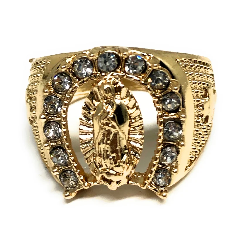 sterling silver engagement ring -Gold Plated Virgin Mary White CZ Horseshoe Ring Virgen Guadalupe Anillo