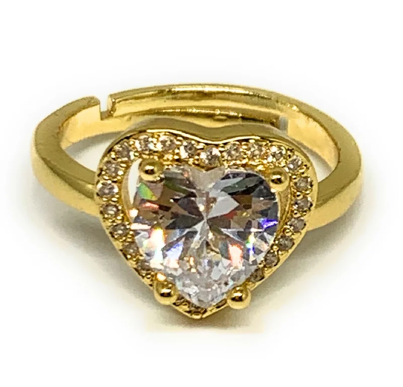 gold plated ring with gemstones -Gold Plated WHITE CZ Heart Adjustable Ring Anillo