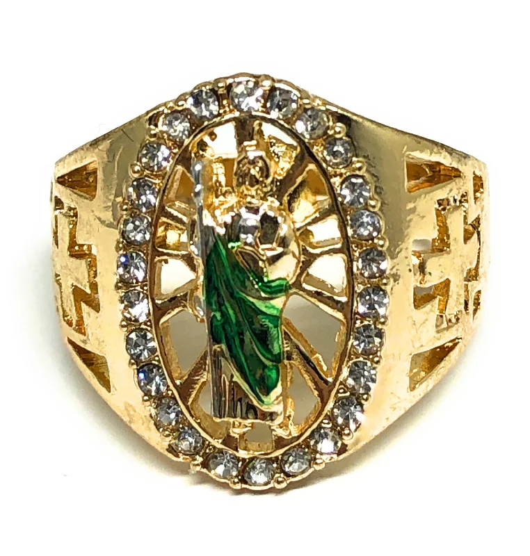 men’s braided ring -Gold Plated Yellow & Green San Judas Saint Jude Ring Anillo