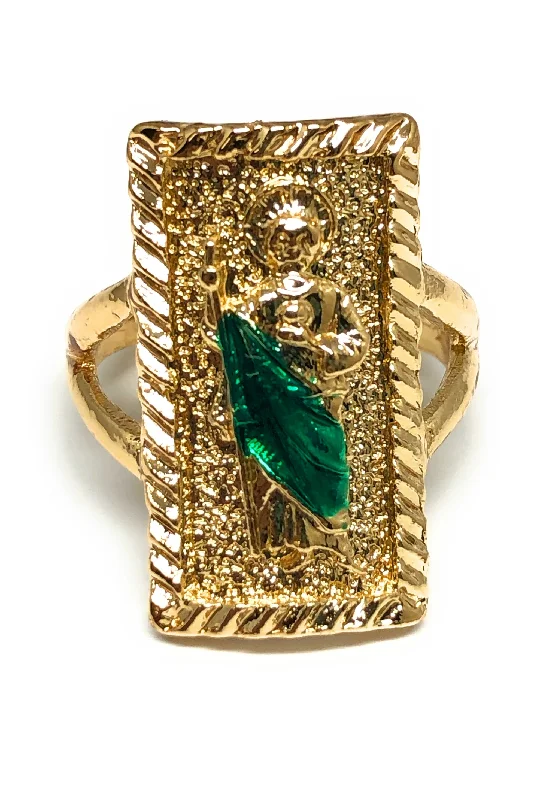 opal and silver ring -Gold Plated Yellow & Green San Judas Saint Jude Square Ring Anillo