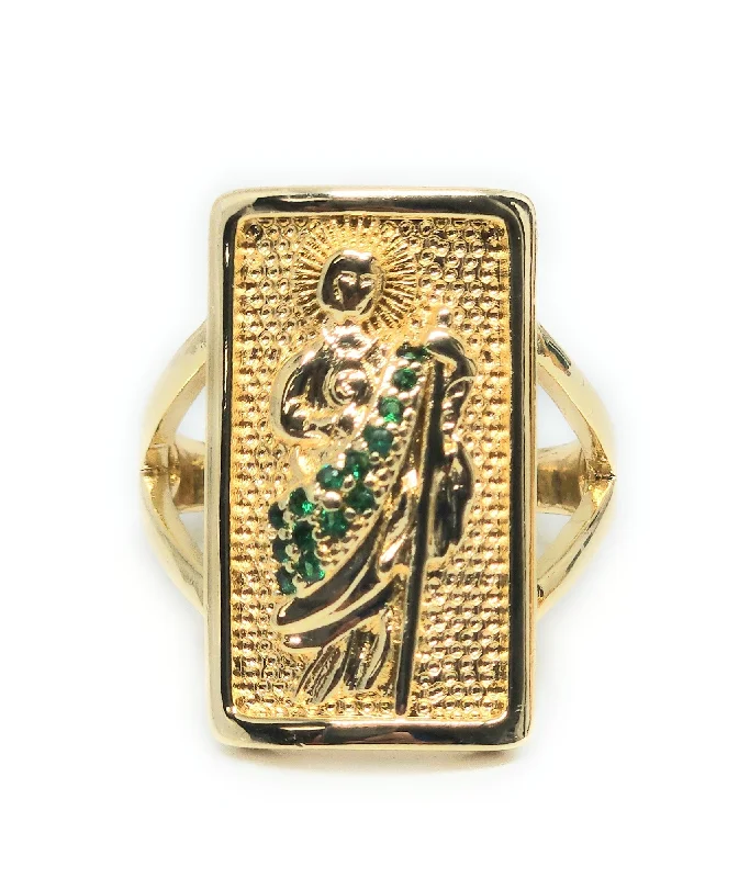 luxury platinum wedding band -Gold Plated Yellow & Green San Judas Tadeo Saint Jude CZ SQUARE Ring Anillo