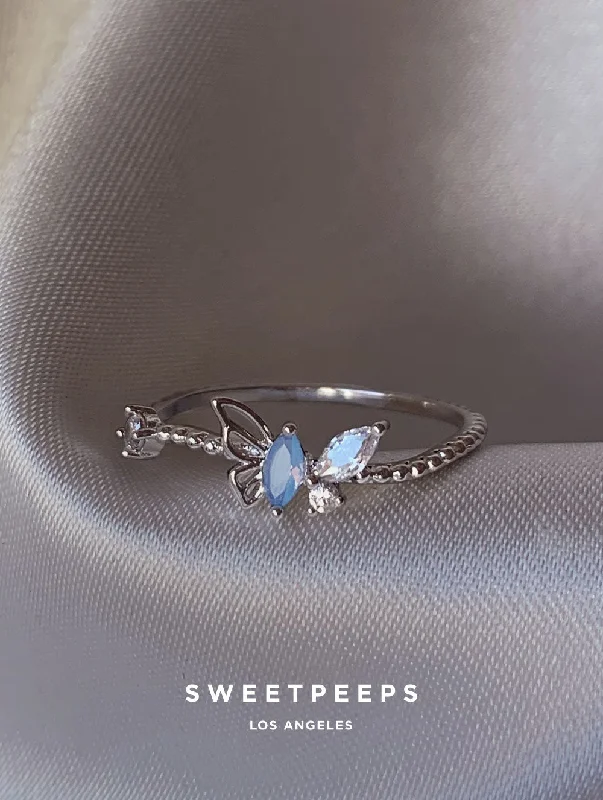 custom moonstone ring -Katarina Blue Butterfly Ring - Silver