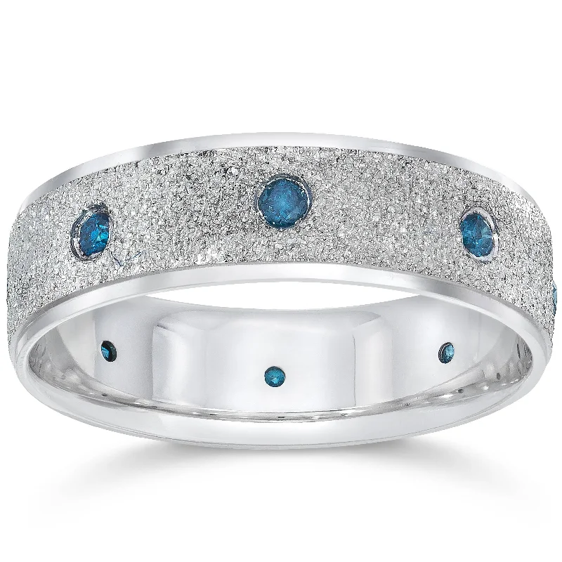 silver and turquoise ring -Mens 14K White Blue Diamond 1/3ct Stone Finish Wedding