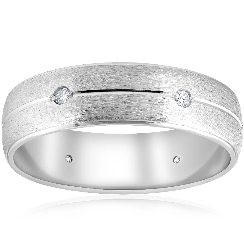 delicate dainty ring for women -Mens 14K White Gold Brushed Diamond Wedding Band Ring