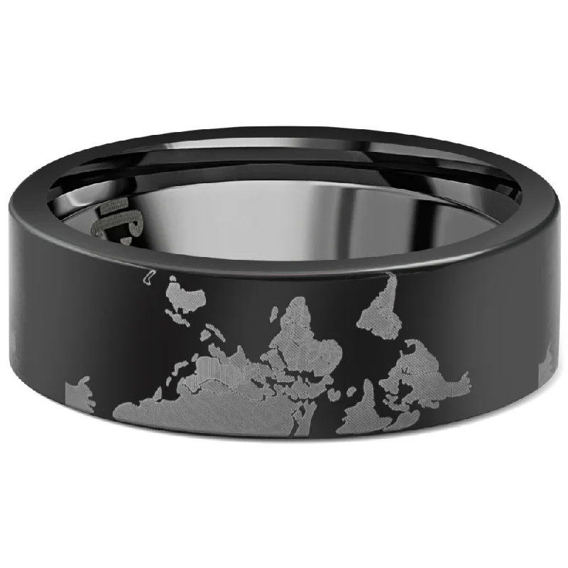 sapphire gemstone ring -Men's Black Tungsten Lasered World 8mm Flat Ring Wedding Band