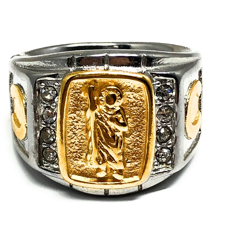 luxury platinum wedding band -Men's Gold Plated Saint Jude White Gold Ring San Judas Anillo