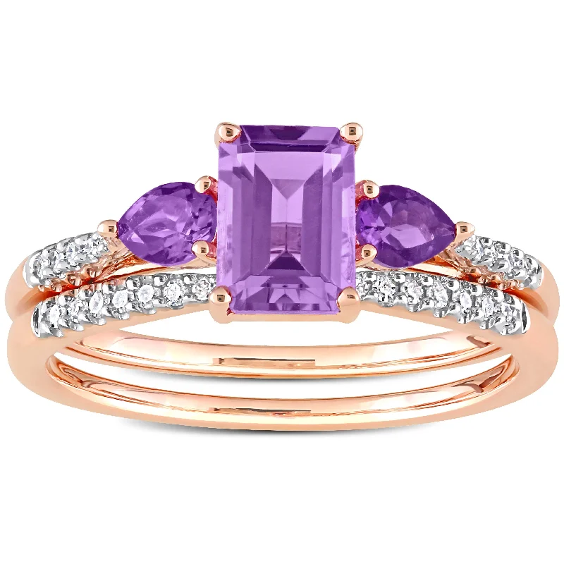 vintage ruby ring -Miadora 10k Rose Gold Rose de France African Amethyst & 1/10ct TDW Diamond 3-Stone Bridal Ring Set