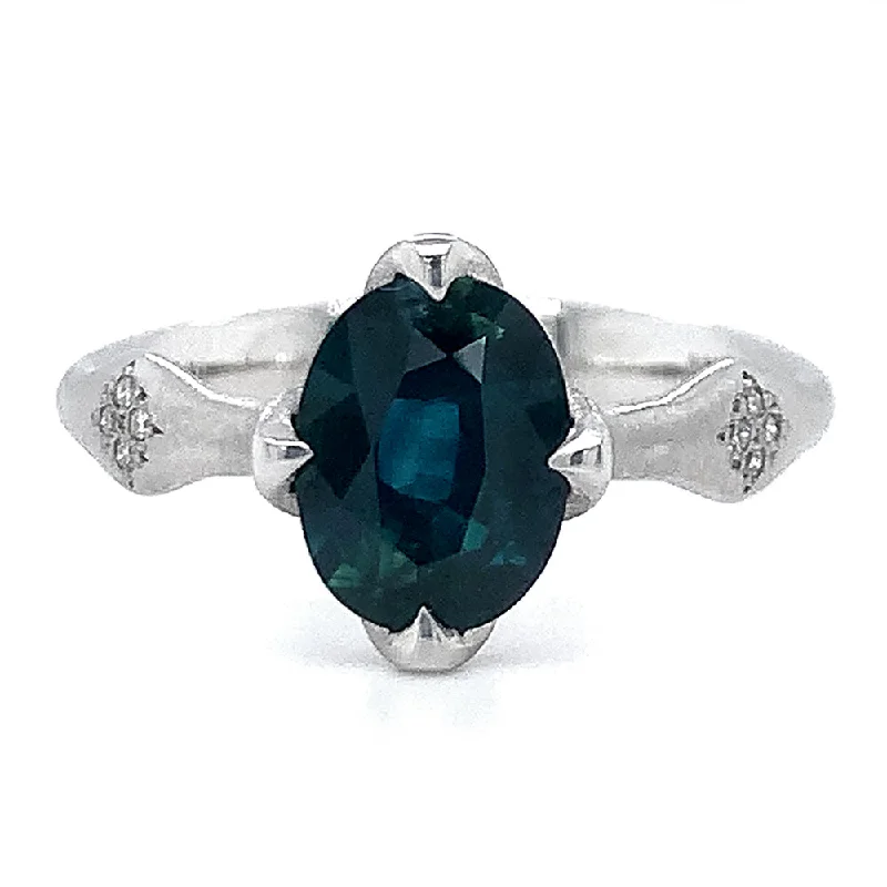 silver and turquoise ring -Oval Blue-Green Montana Sapphire & Diamond Engagement Ring - "Rosebud"