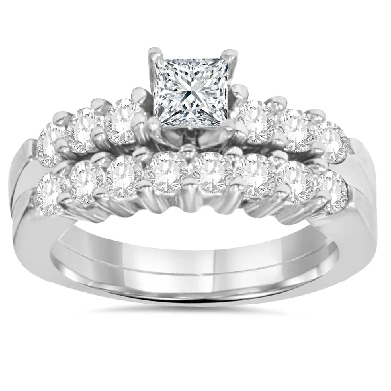 three-row diamond ring -Princess Cut Diamond Engagement Ring Set 1 1/4ct Matching Wedding Bands 14k Gold