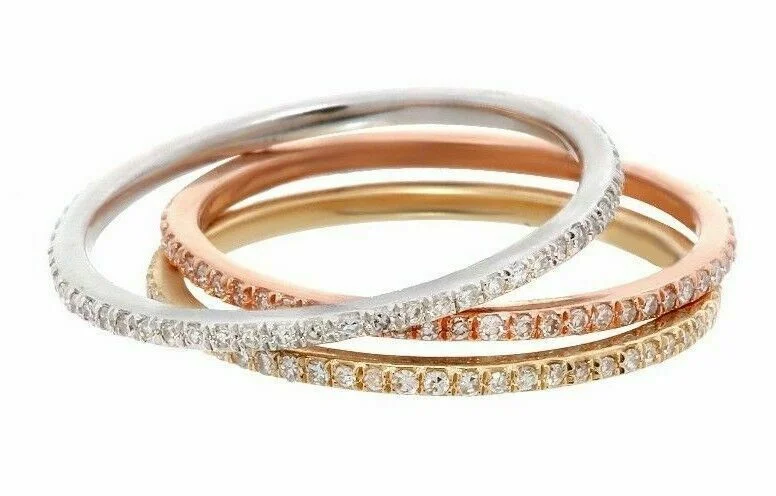 gold plated ring with gemstones -Stackable 3 Diamond Eternity Bands Set 14k White, Yellow, & Rose Gold Size 7