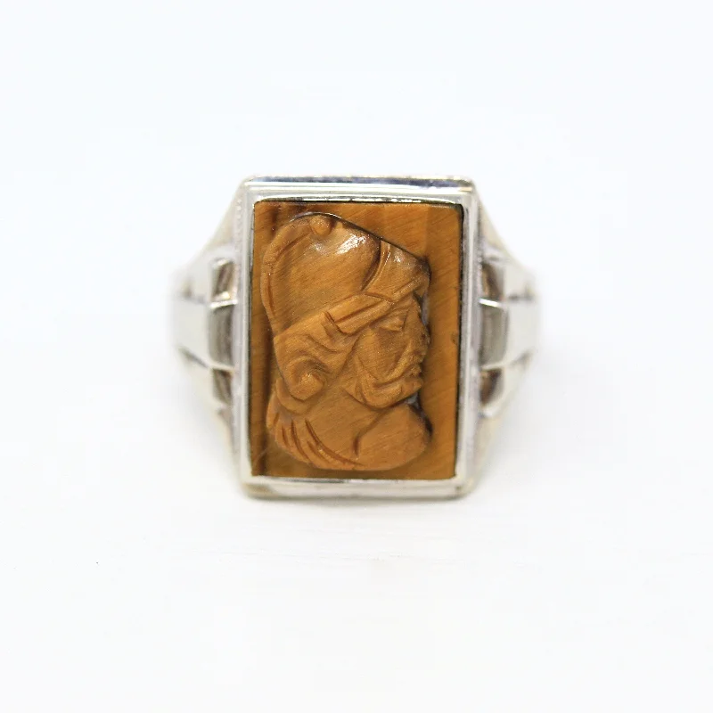 engraved anniversary ring -Sale - Tiger's Eye Ring - Art Deco 10k White Gold Genuine Carved Warrior Brown Gem - Vintage Circa 1930s Era Size 7 3/4 Statement OB Jewelry