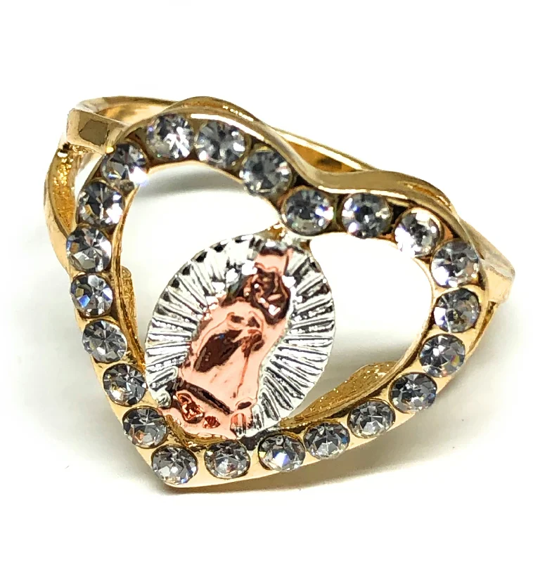 simple gemstone engagement ring -Tri-Color Gold Plated Virgin Mary Heart Ring Virgen De Guadalupe Anillo Tres Colores Corazon