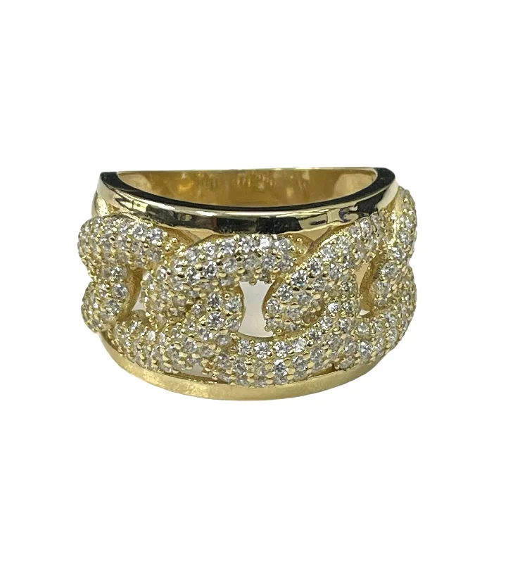 gold plated ring with gemstones -Unisex Cuban Chain Wide Diamond Ring Yellow Gold 14kt