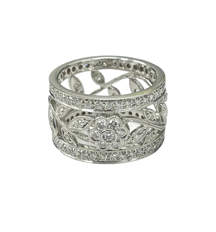 adjustable statement ring -Wide Floral Round Brilliant Diamond Ring White Gold 18kt