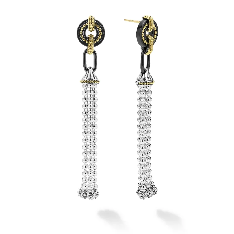 silver and gold combo earrings -Black Caviar Two-Tone Black Ceramic Tassel Earrings