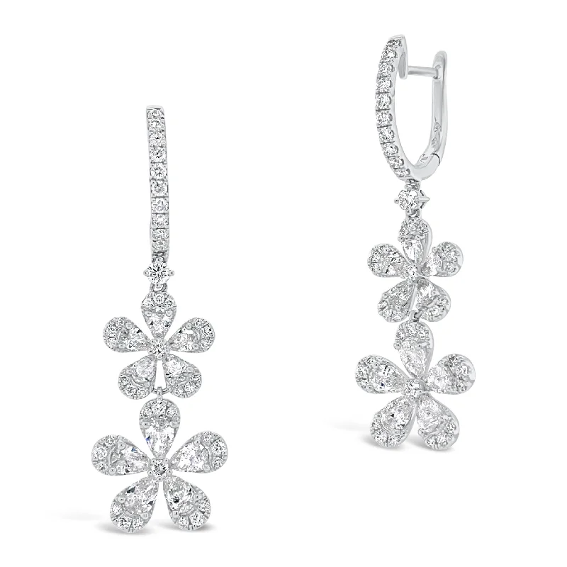 gothic style earrings -Diamond Double Flower Drop Earrings