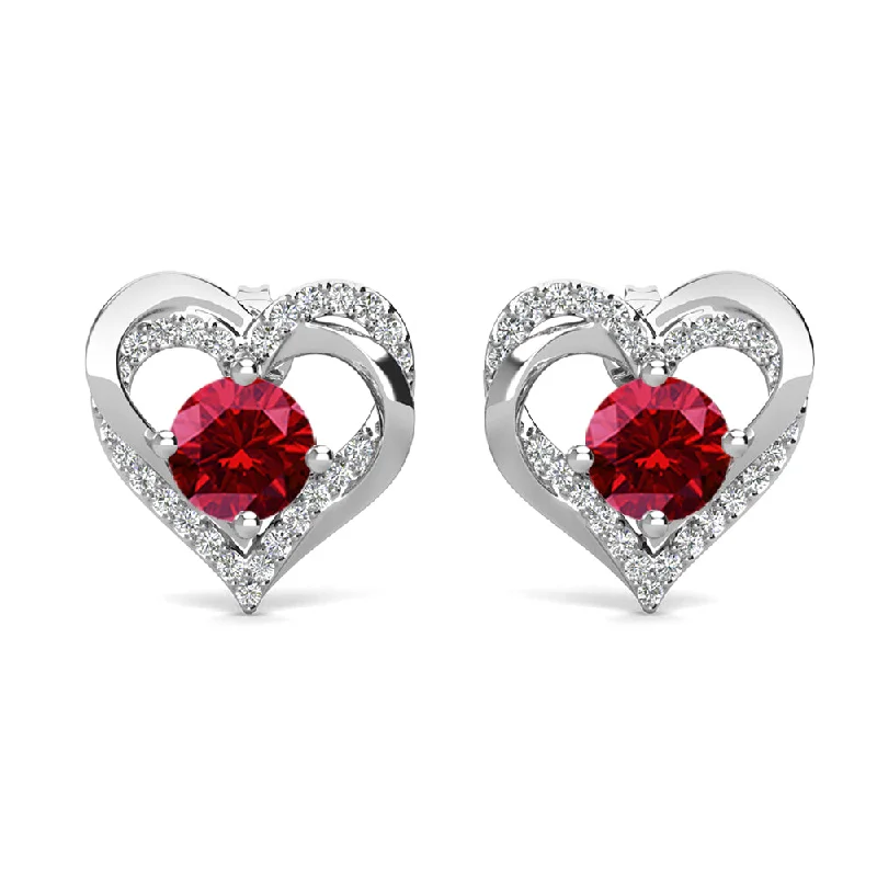 square stud earrings -Forever January Birthstone 18k White Gold Plated Silver Double Heart stud  Earrings with Garnet  Swarovski Crystals