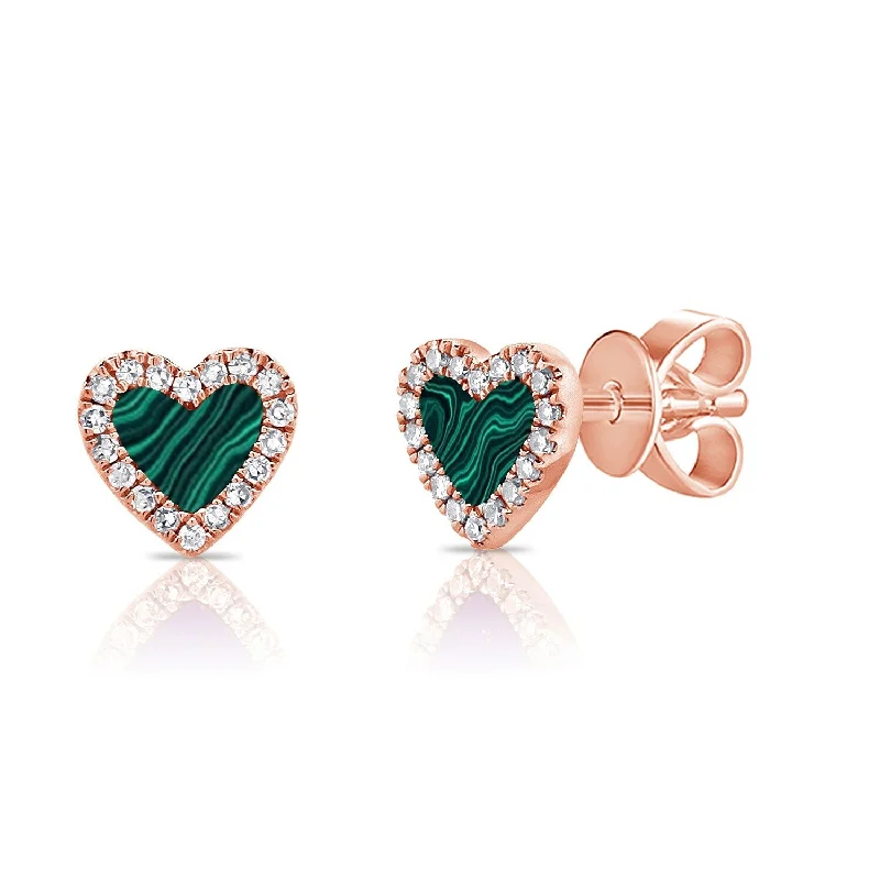 silver tassel earrings -Joelle Heart Shaped Stud Earrings Green Malachite & Diamonds 14K Gold