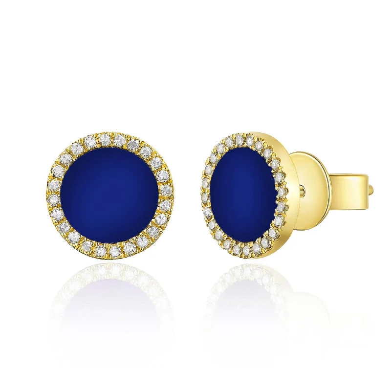 butterfly-shaped earrings -Joelle Lapis and Diamond Pave Disc Circle Stud Earrings 14K Gold