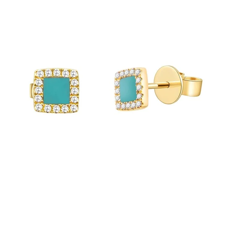 textured hoop earrings -Joelle Square Shape Stud Earrings Turquoise & Diamonds 14K Gold