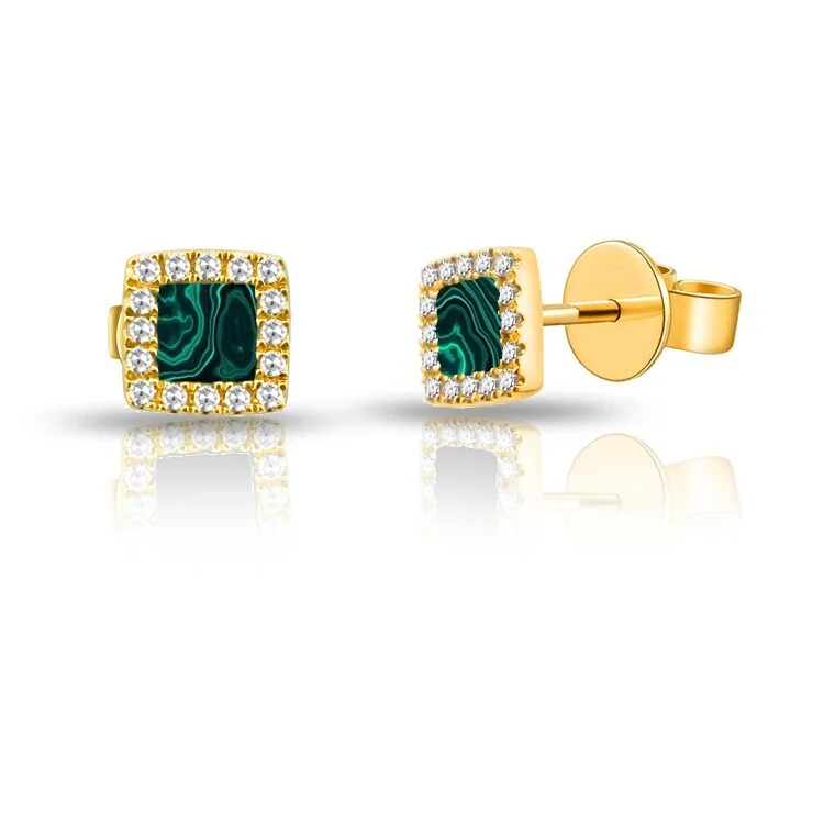 diamond stud earrings for men -Joelle Square Shaped Stud Earrings Malachite & Diamonds 14K Gold