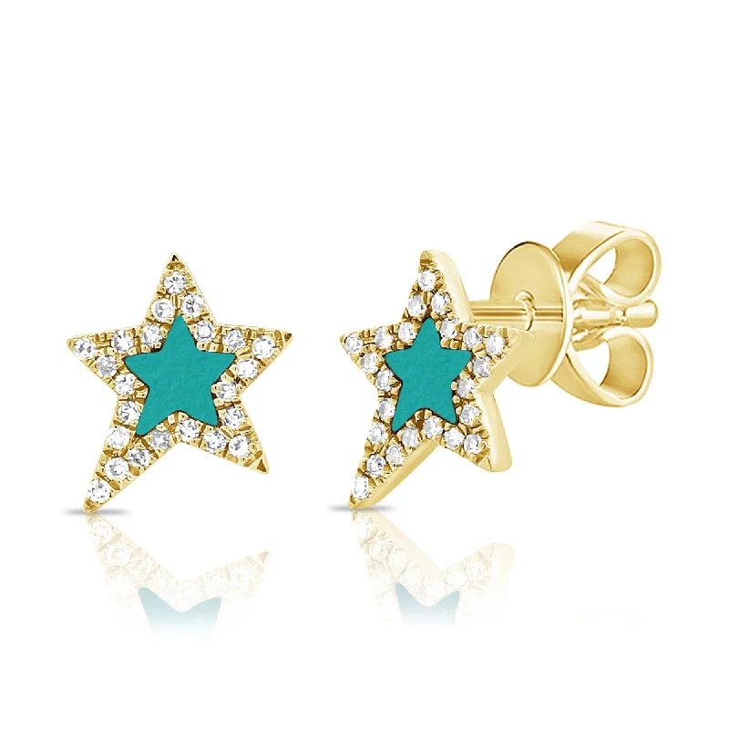 heart-shaped hoop earrings -Joelle Turquoise & Diamond Star Stud Earrings 14K Yellow Gold