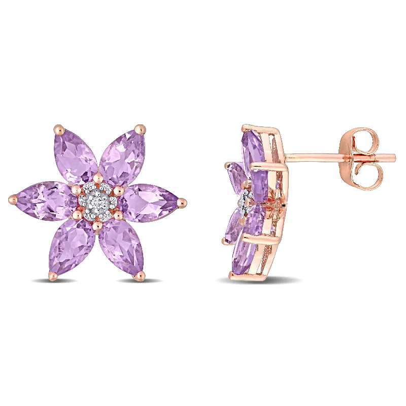 bold statement earrings -Miadora 10k Rose Gold Amethyst and Diamond Accent Floral Stud Earrings - 14 mm x 14.25 mm x 3 mm - 14 mm x 14.25 mm x 3 mm