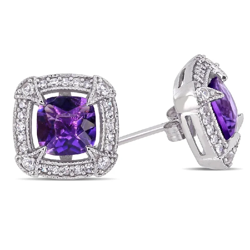 stacked gold bar earrings -Miadora 10k White Gold Amethyst White Sapphire and 1/5ct TDW Diamond Stud Earrings