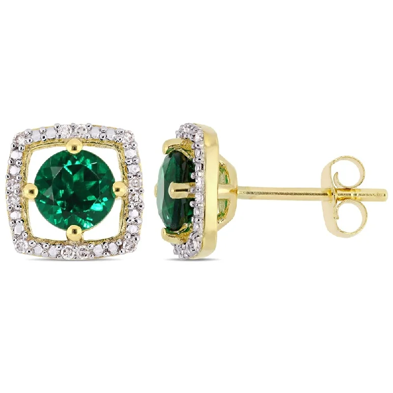 asymmetrical hoop earrings -Miadora 10k Yellow Gold Created Emerald and Diamond Accent Floating Square Halo Stud Earrings