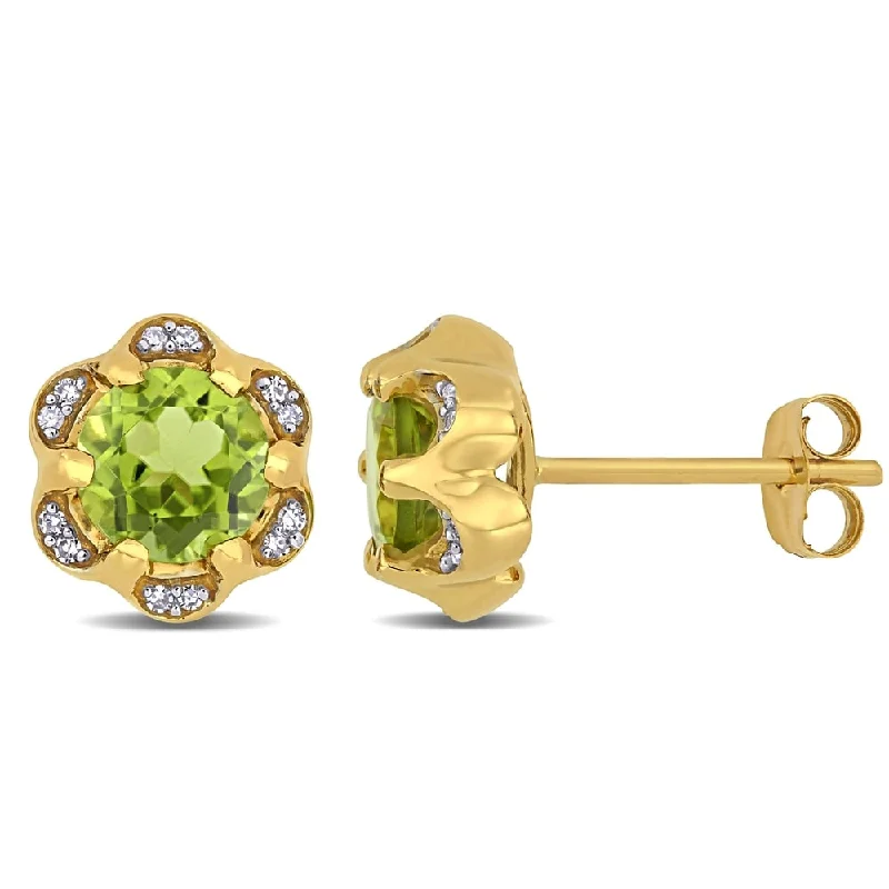 heart-shaped hoop earrings -Miadora 14k Yellow Gold Peridot and Diamond Accent Flower Stud Earrings