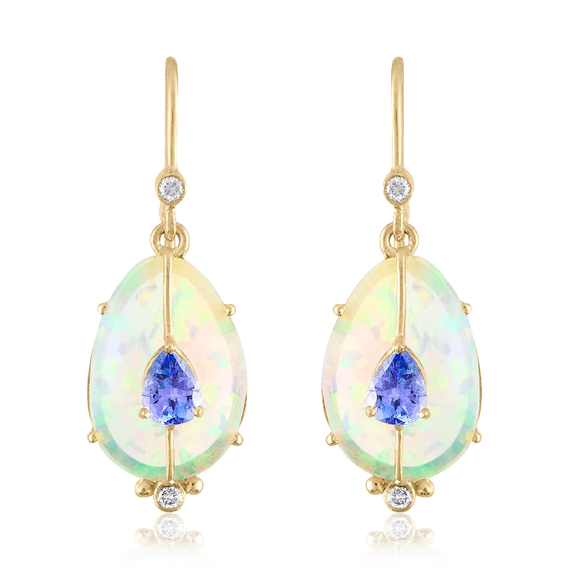 sleek silver threader earrings -Single Drop Ethiopian Opal and Tanzanite Earrings