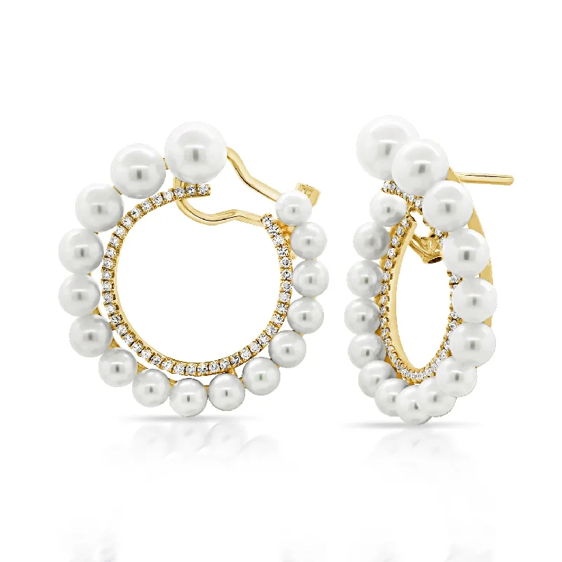 feather dangling earrings -Pearl & Diamond Front-Facing Hoop Earrings