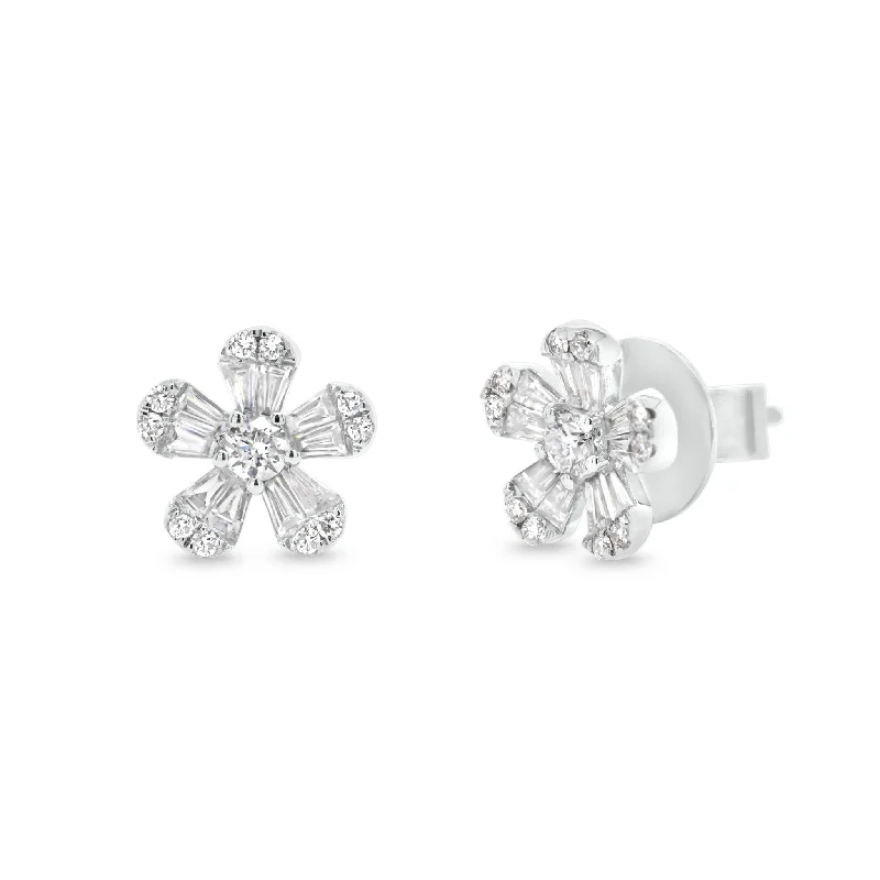 men’s silver hoop earrings -Round & Baguette Diamond Flower Stud Earrings