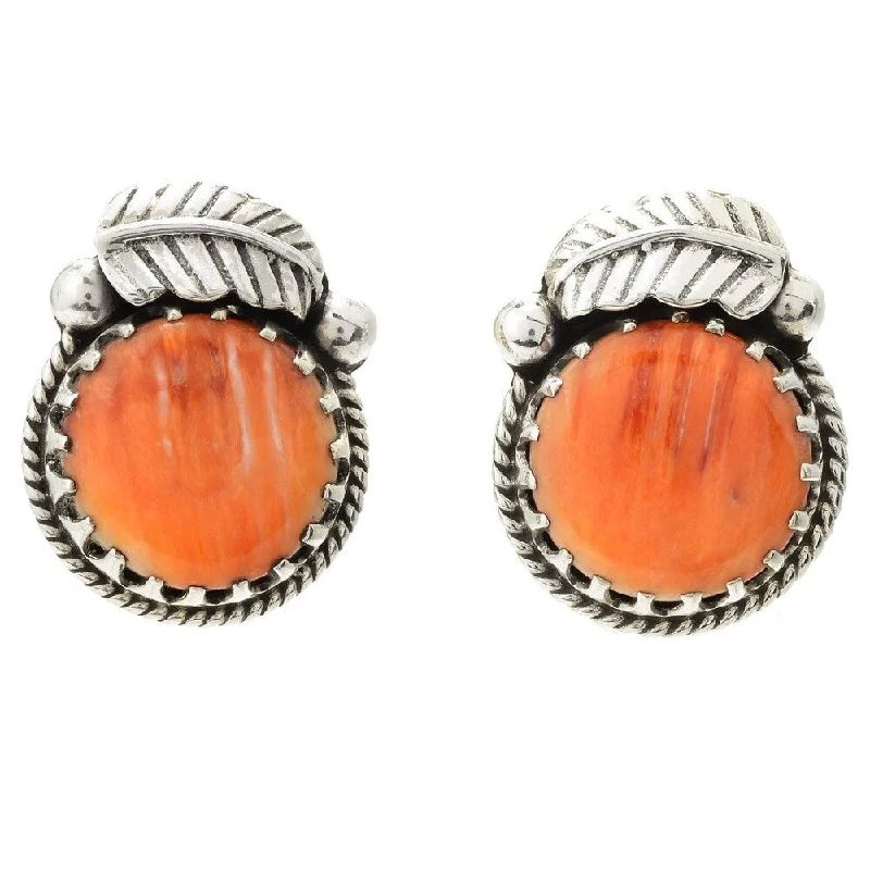 silver tassel earrings -Sterling Silver 15mm Round Orange Spiny Oyster Leaf Stud Earrings