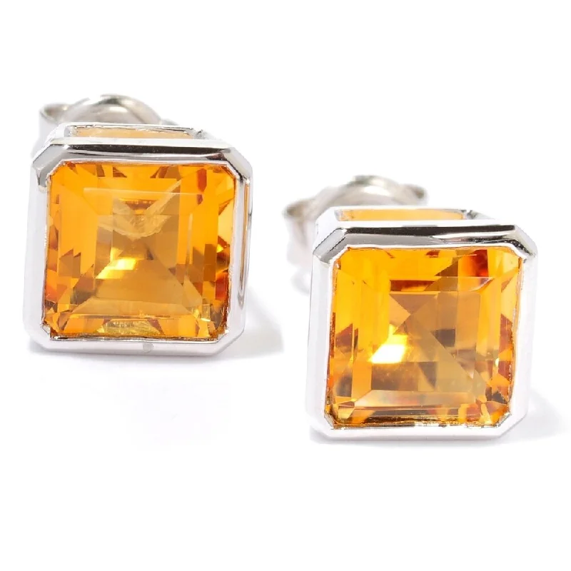 handmade beaded earrings -Sterling Silver Bezel-set 7mm Princess-cut Citrine Stud Earrings