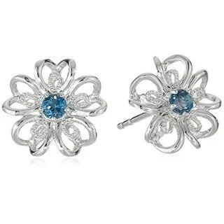 twisted wire hoop earrings -Sterling Silver London Blue Topaz flower Stud Earrings