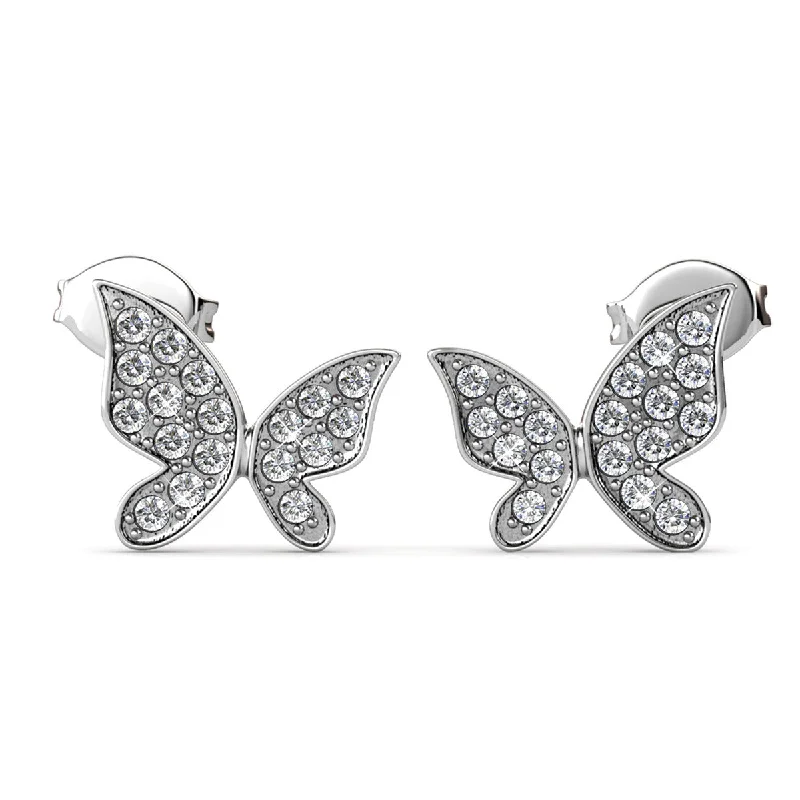 gold huggie hoop earrings -Yuenen 18k White Gold Plated Silver Butterfly Stud Earrings with Swarovski Crystals