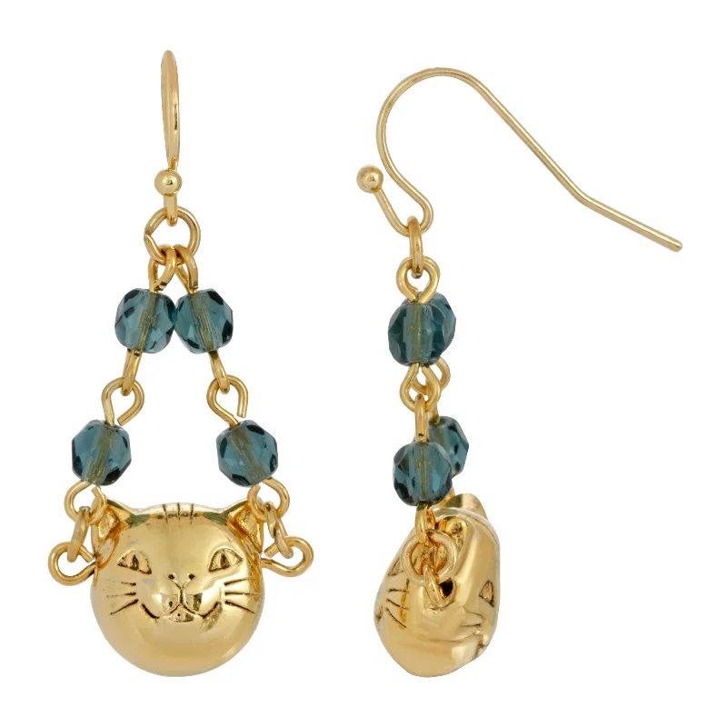 ethnic inspired earrings -1928 Jewelry® 14K Gold Dipped Cat Face With  Blue Beaded Chain Drop Wire Earrings