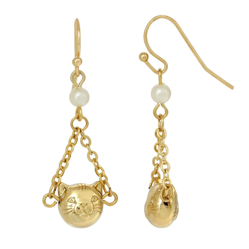 luxury pearl stud earrings -1928 Jewelry® 14K Gold Dipped Cat Face With Faux Pearl & Chain Drop Wire Earrings