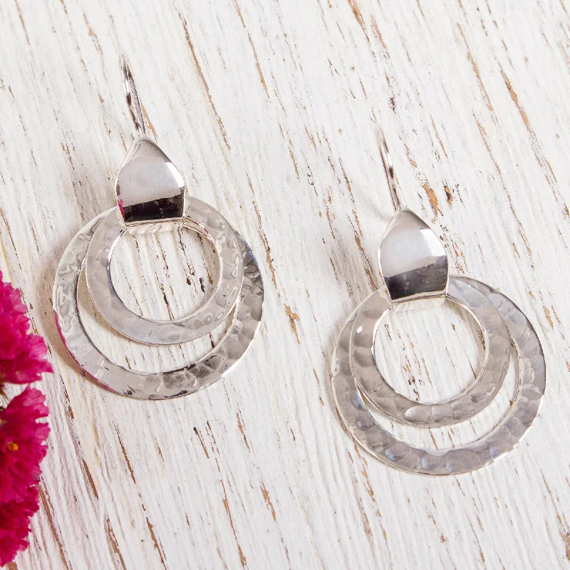 silver crescent moon earrings -Abstract Rings Taxco Hammered Sterling Silver Dangle Earrings from Mexico