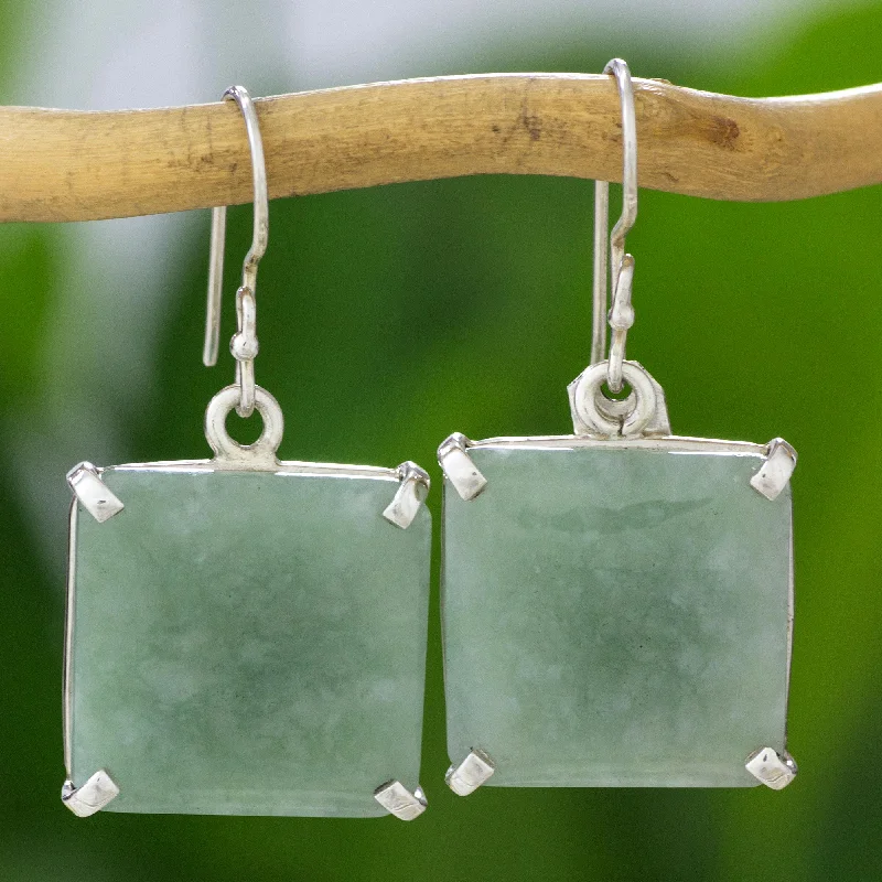 turquoise stud earrings -Abstract Square Minimalist Silver and Apple Green Jade Artisan Earrings